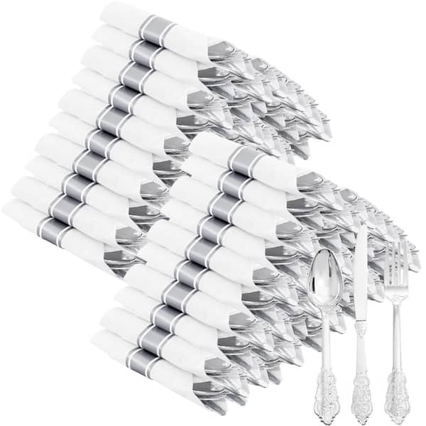 400 Piece Pre Rolled Silver Plasticware Set Heavy Duty Cutlery with 100 Wrapped Napkins