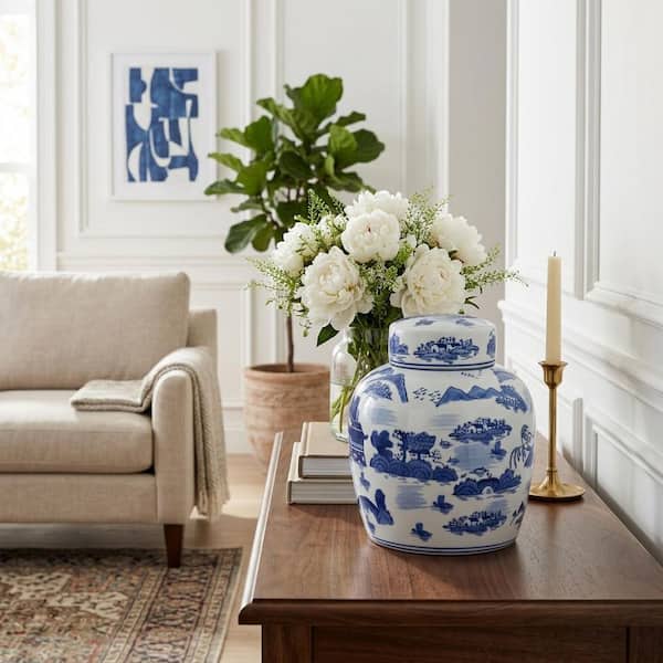 9 in. Blue Ceramic Rounded Chinoiserie Jar with Lid