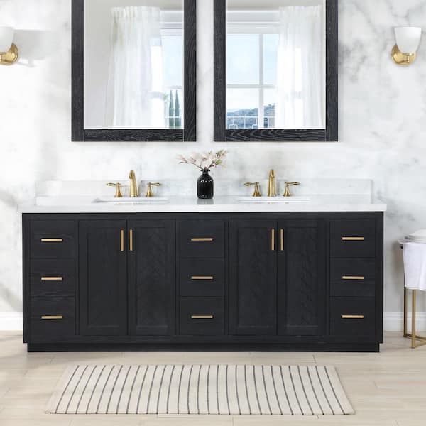 Gazsi 84 in.W x 22 in.D x 34 in.H Bath Vanity in Black Oak with Grain White Composite Stone