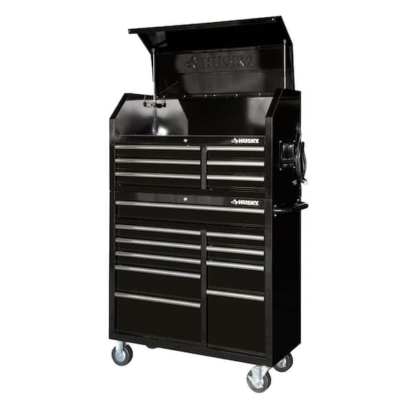 Husky 41 in. W x 24.5 in D Standard Duty 16-Drawer Combination Rolling Tool  Chest and Top Tool Cabinet Set in Gloss Black HOTC4116B13S - The Home Depot