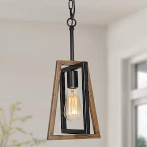 Transitional 1-Light Black Geometric Cage Pendant Light with Faux Wood Accent