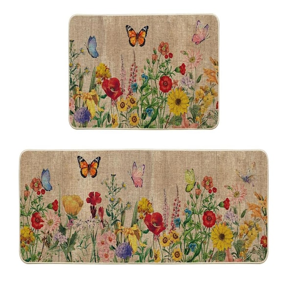 Wood Flowers Butterfly Spring Kitchen Mats Set of 2,17x29 and 17x47 Inch