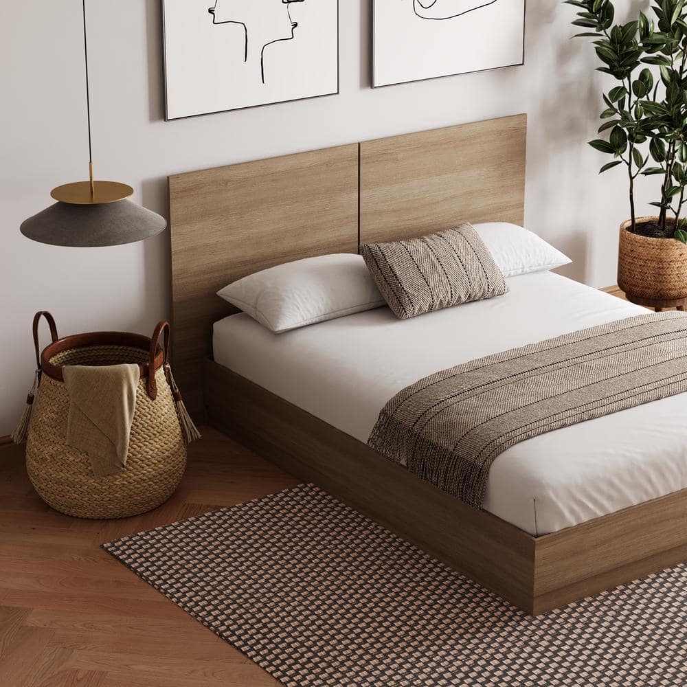 Queen Oak Wood Frame Upholstered Platform Bed with Headboard