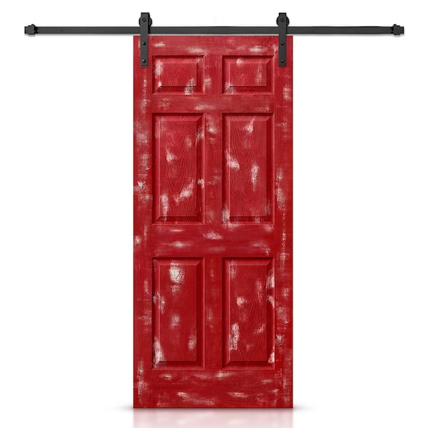 CALHOME 36 in. x 80 in. Vintage Red Stain Composite MDF 6 Panel Interior Sliding Barn Door with Hardware Kit