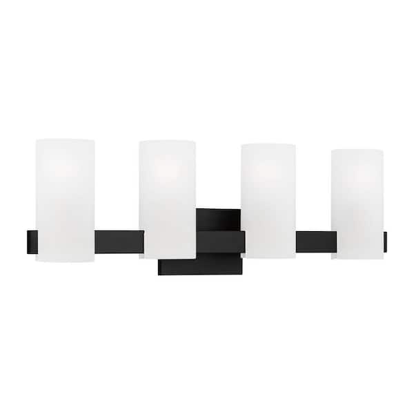 SCOTT LIVING - Rhode 27 in. 4-Light Midnight Black Extra Large Vanity Light with Etched Glass Shades