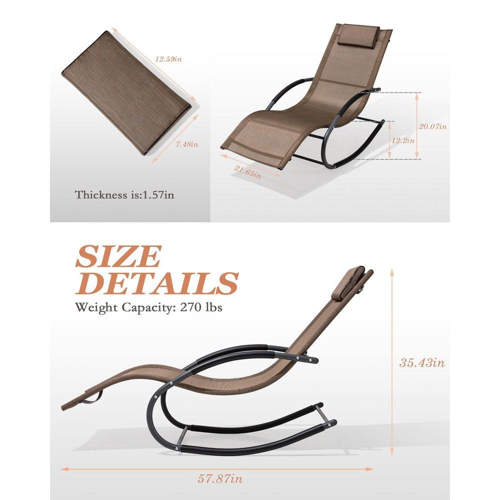 Brown Metal Frame Patio Rocking Chaise Lounge Chair with Texteline Sling Seat