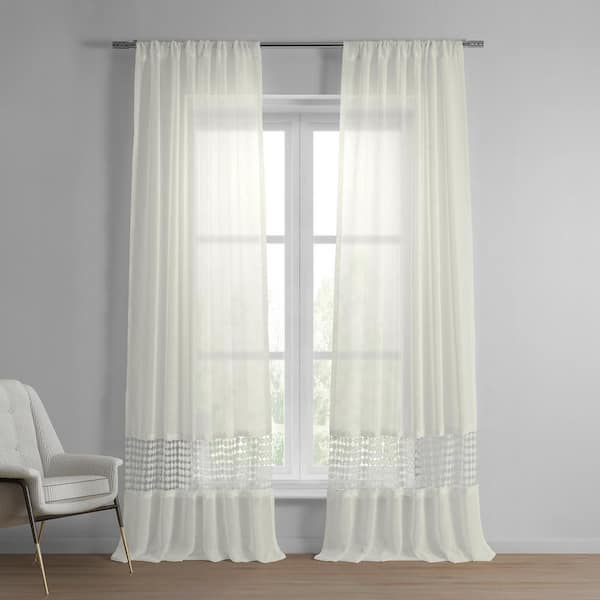 Exclusive Fabrics & Furnishings Lacy Daisy Off-White Patterned Linen Sheer Rod Pocket Curtain - 50 in. W x 96 in. L (1 Panel)