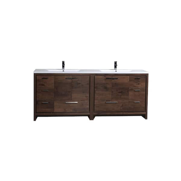 Moreno Bath Dolce 84 in. W Bath Vanity in Rosewood with Reinforced Acrylic Vanity Top in White with White Basins