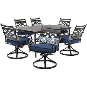 Montclair 7-Piece Steel Outdoor Dining Set with Navy Blue Cushions Swivel Rockers and Dining Table