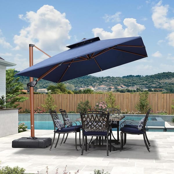 PURPLE LEAF 9 ft. x 12 ft. Sunbrella Aluminum 360° Rotation Wood Pattern Cantilever Outdoor Patio Umbrella in Navy Blue