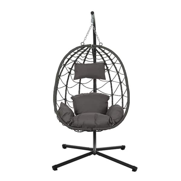 Unbranded Gray Wicker Patio Swing Egg Chair with Stand and Deep Gray Cushions