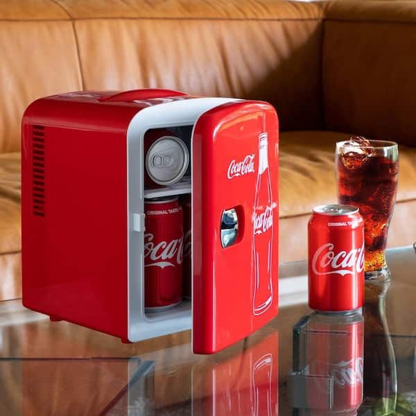 Coca-Cola Mini Portable Fridge with Bluetooth Speaker, 4 Liter/6 Can Capacity Compact Personal Cooler Warmer for Christmas Gifts, 12V DC/110