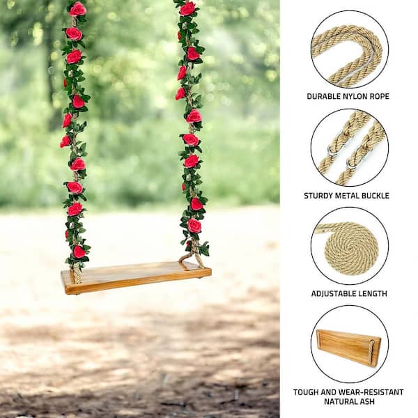 Wood Swing Set with Rose Garland, 24x8x1.2 Inch Adjustable Nylon