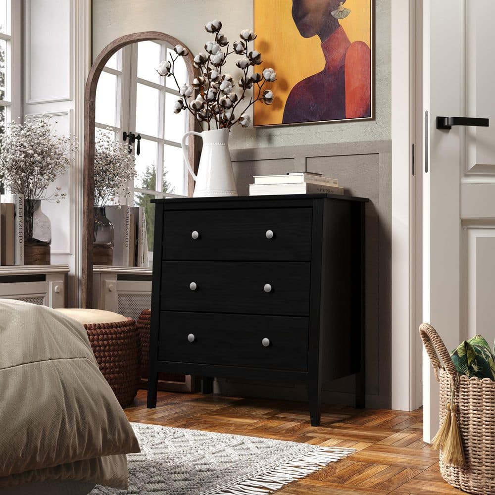 Jela Solid Wood 3 Drawer Dresser - Black