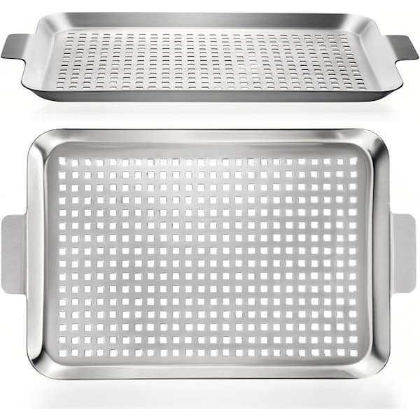 2 Pack Stainless Steel Nonstick Grill Pan with Perforated Design Outdoor BBQ Topper for Meat Vegetables Seafood
