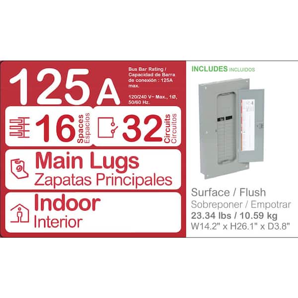 Homeline 125 Amp 16-Space 32-Circuit Indoor Convertible Main Lugs Load Center with Cover