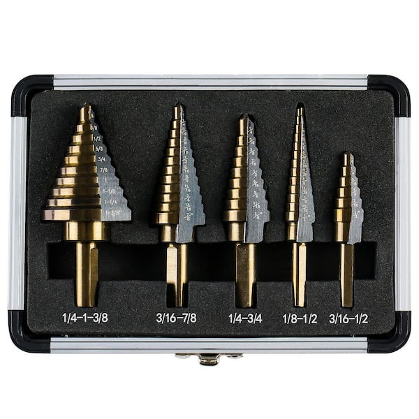 Titanium HSS Step Drill Bit Set (5-Piece) with Aluminum Case