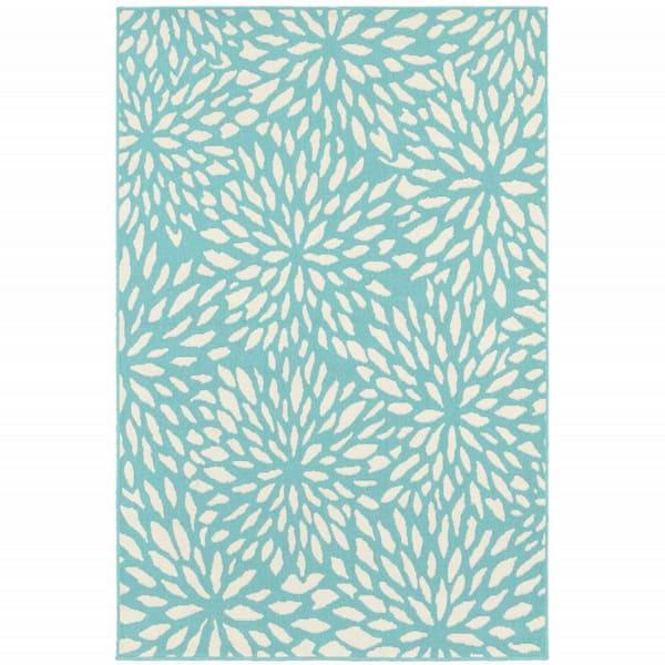 Blue, Ivory 9 ft. x 13 ft. Loomed Floral Polypropylene Rectangle Indoor/Outdoor Area Rug