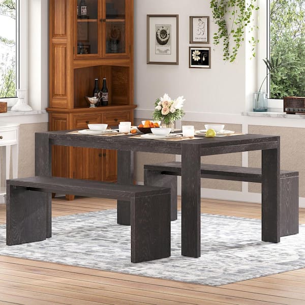 3-Piece Rectangular Espresso MDF Top Dining Table Set with 2-Benches