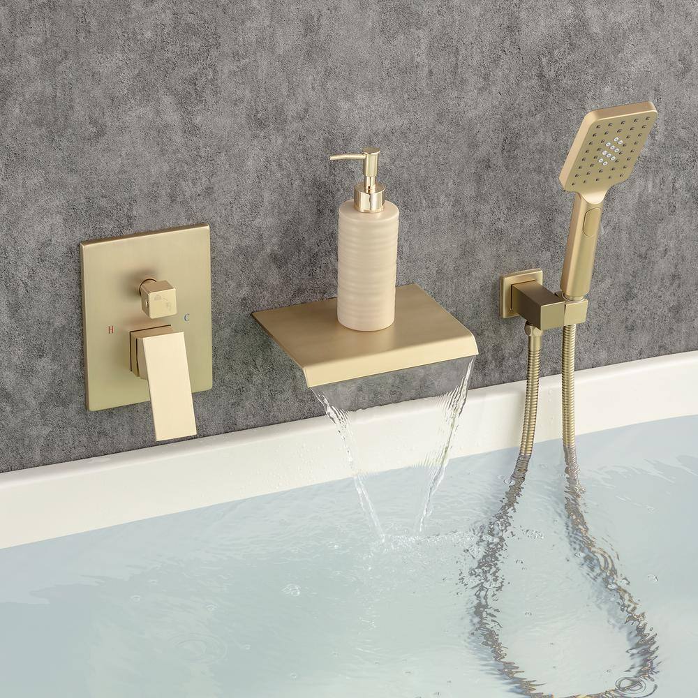 Brushed Gold Wall Mount Waterfall Tub Faucet with Hand Shower