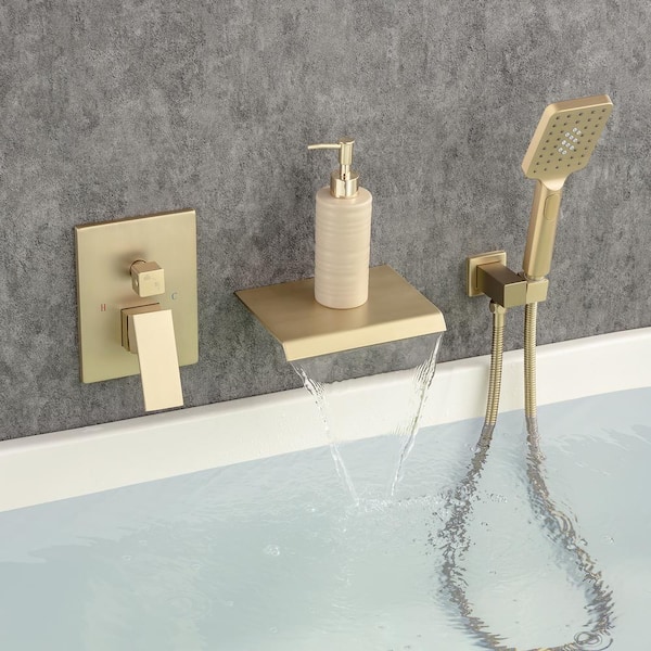 Single-Handle Wall Mount Roman Tub Faucet with Waterfall Tub Spout and Rough-In Valve in Brushed Gold