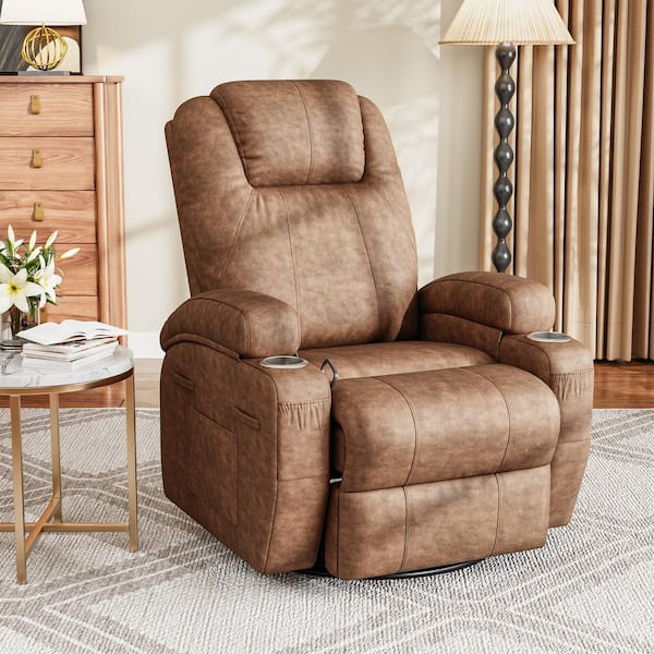 Leathaire Rocking Recliner Chair with Vibration Massage, 360°Swivel Recliner with Cup Holders and Side Pockets, Brown