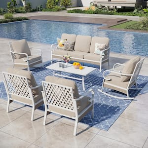 White 6-Piece Metal Outdoor Patio Conversation Seating Set with Rocking Chairs, Marbling Coffee Table and Beige Cushions