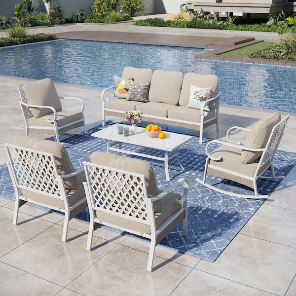 PHI VILLA White 6-Piece Metal Outdoor Patio Conversation Seating Set with Rocking Chairs, Marbling Coffee Table and Beige Cushions