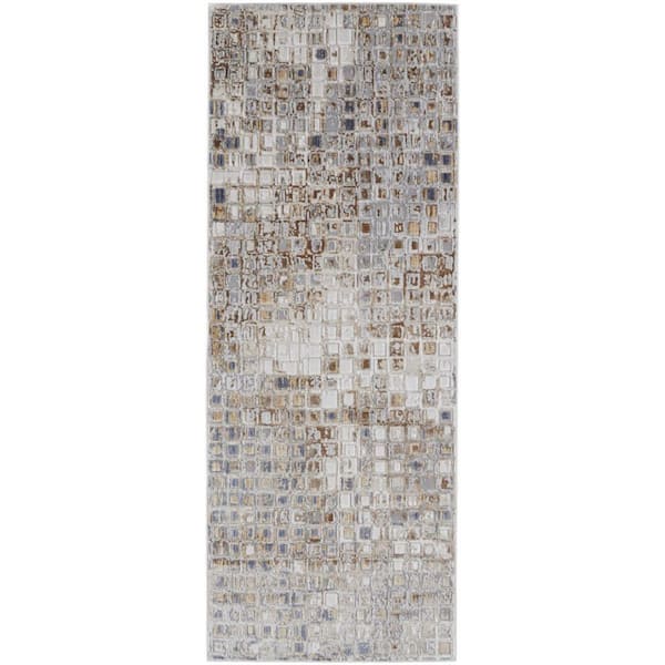 HomeRoots 2 ft. x 8 ft. Tan, Ivory Geometric Runner Rug