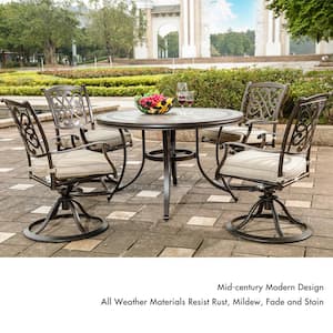 5-Piece Aluminum Outdoor Dining Set with Swivel Rocker Chair, 46 in. Round Tile Top Table and Beige Cushions
