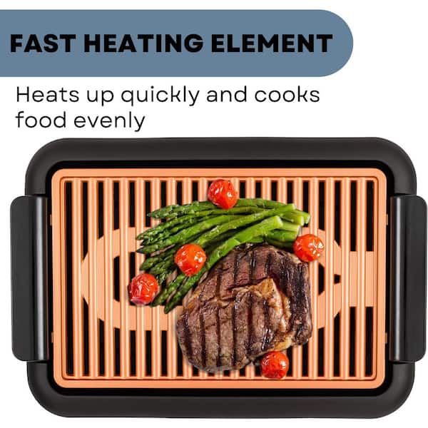 OVENTE Electric Indoor Grill with 15x10 Inch Non-Stick Cooking Surface,  1200W Fast Heat Up Power, Adjustable Temperature, Removable and Dishwasher  Safe Grilling Plate and Drip Tray, Copper GD1510NLCO 