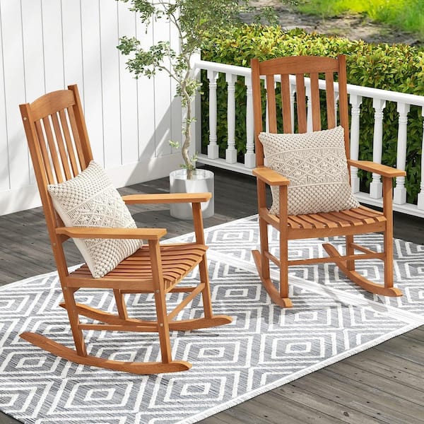 Gymax 2 Pieces Wood Outdoor Rocking Chair w/ 400 lbs. Weight Capacity Eucalyptus Porch Rocker