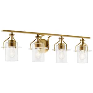 Everett 34.25 in. 4-Light Natural Brass Vintage Bathroom Vanity Light with Clear Glass
