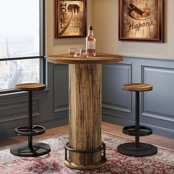 Kearsten Brown 3 Piece Round Wood Bar Table Set with 2-Barstools