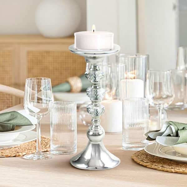 11 in. Silver Diamond Gem Crystal Candlestick Pillar Candle Holder