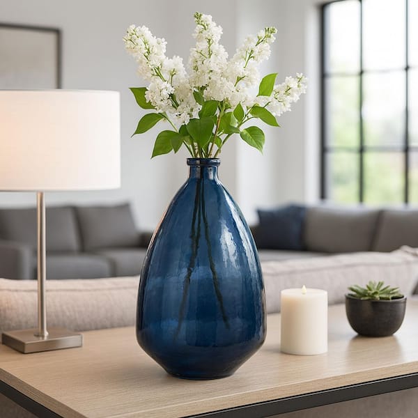 19 in. Blue Glass Round Balloon Decorative Vase with Curved Base