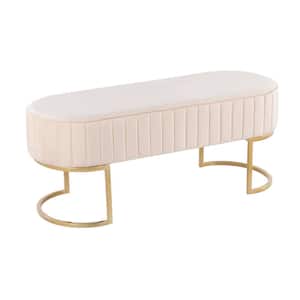 Demi Cream Velvet and Gold Steel Pleated Bench (16.5 in. x 41 in. x 16 in. )