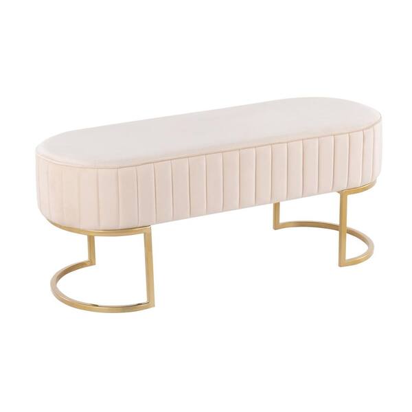Lumisource Demi Cream Velvet and Gold Steel Pleated Bench (16.5 in. x 41 in. x 16 in. )