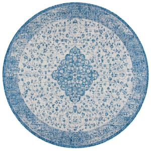 Courtyard Blue/Gray 7 ft. x 7 ft. Medallion Border Indoor/Outdoor Patio  Round Area Rug