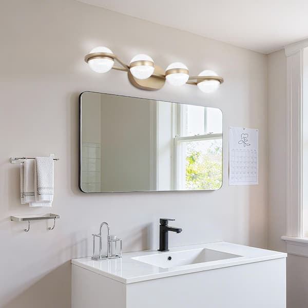 28.9 in. 4-Light Gold LED Vanity Light Bar Over Mirror with Acrylic Globe Frosted White Lampshade