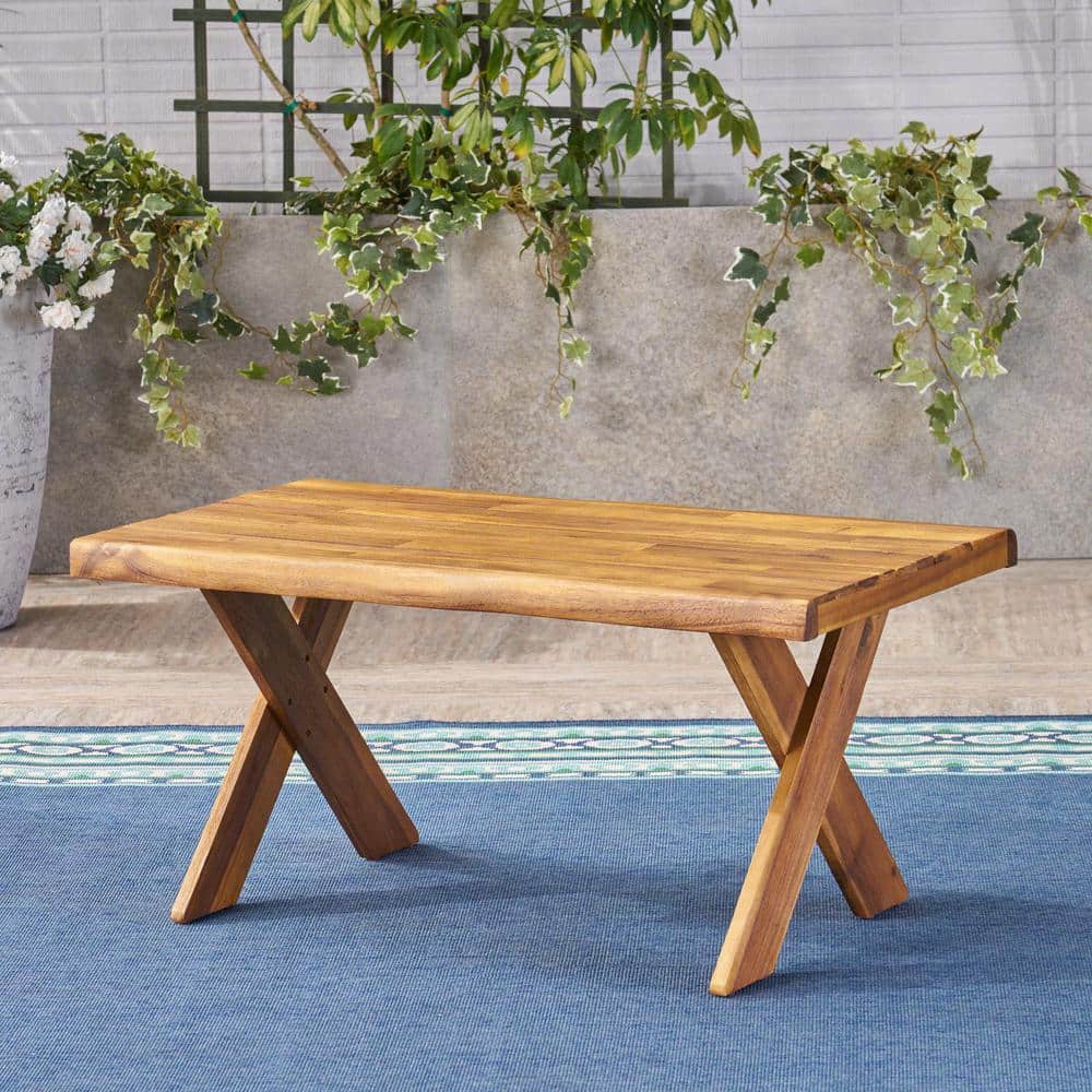 Simple Rustic Acacia Wood 18 in. H Outdoor Coffee Table with Classic Cross 