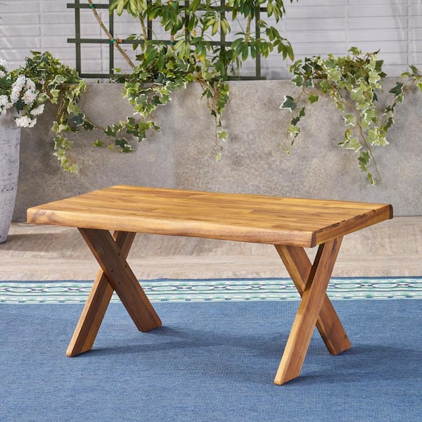 Unbranded Simple Rustic Acacia Wood 18 in. H Outdoor Coffee Table with Classic Cross Base for Backyards, Gardens, Teak Finish