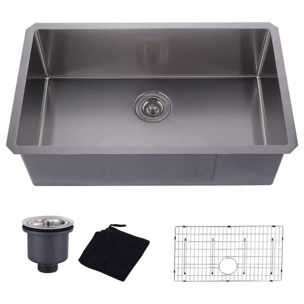 32 x 19 in. Drop in Single Bowl 16-Gauge Nickel Stainless Steel Kitchen Sink with Bottom Grid and Drain Strainer Set