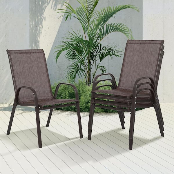 Brown Textilene Fabric Patio Stackable Chairs Outdoor Dining Chair with Armrest and High Backrest Set of 4
