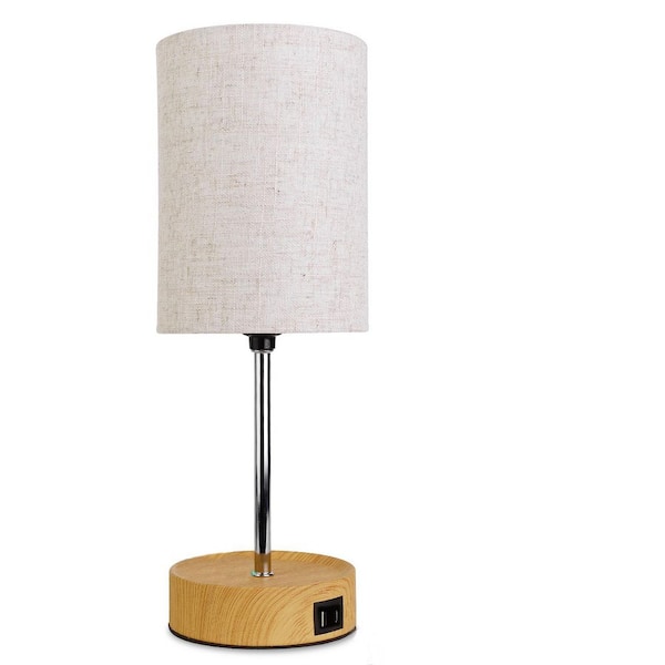 Basdien 15.7 in. Wooden 3 Way Dimmable Touch Control Table Lamp with USB C+A Ports Cream Cylinder Fabric Shade for Living Room