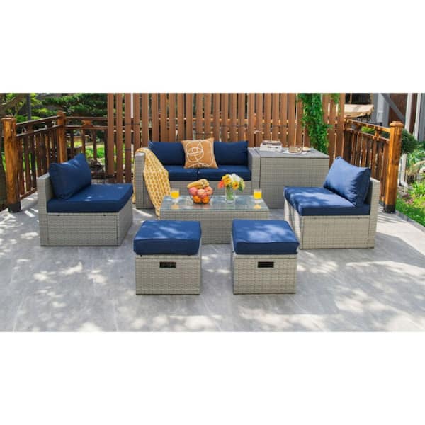 8-Piece Rattan Metal Patio Conversation Set with Cushions in Navy and Storage Table