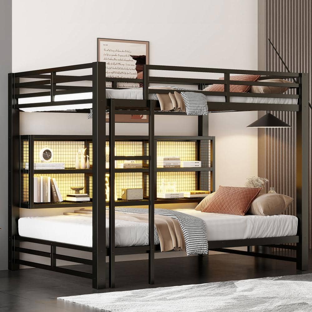 Black Metal Queen over Queen Bunk Bed with Storage Cabinets and LED price history on PriceWatchPro