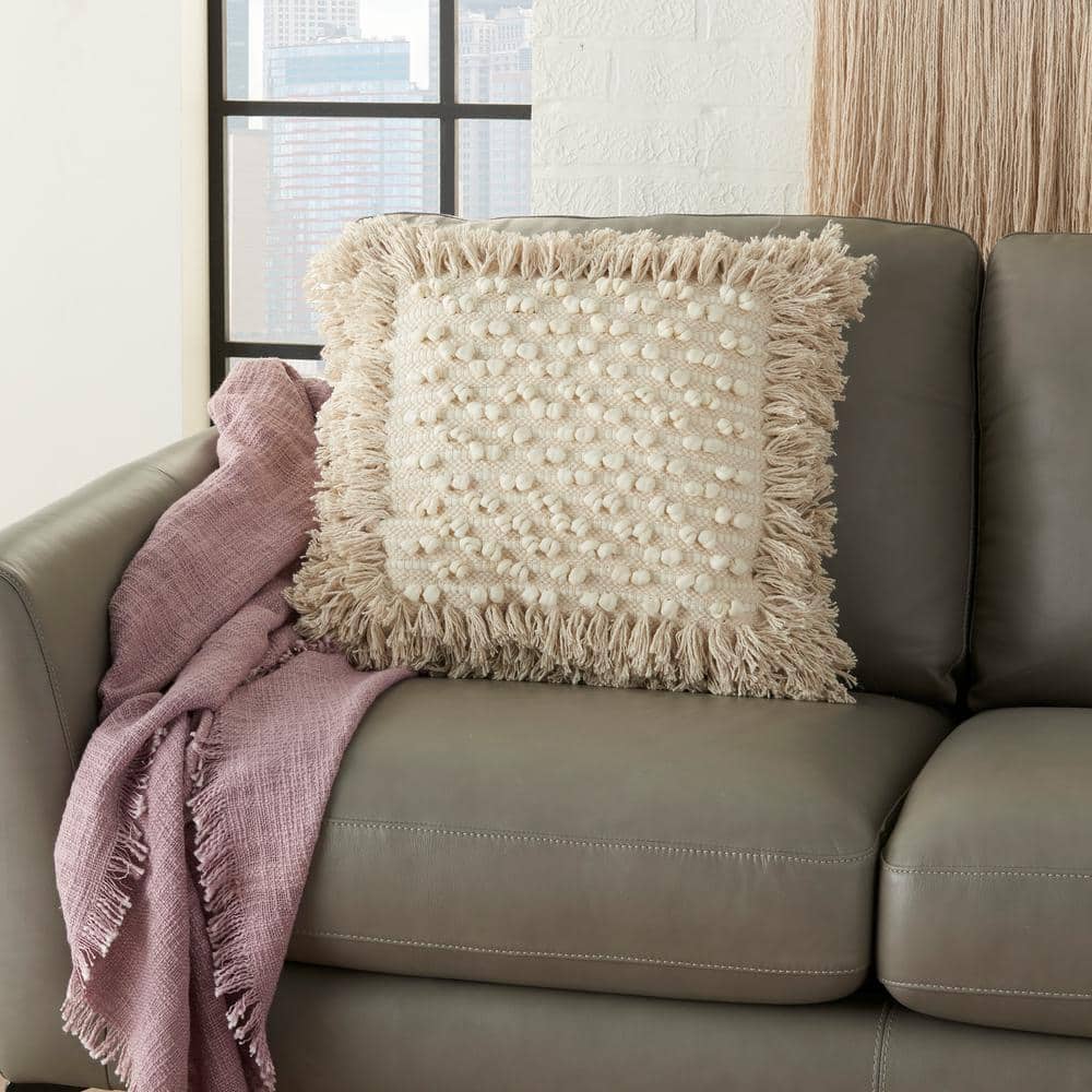 Natural Beige Cotton Embroidered Square Throw Pillow, 18" x 18"