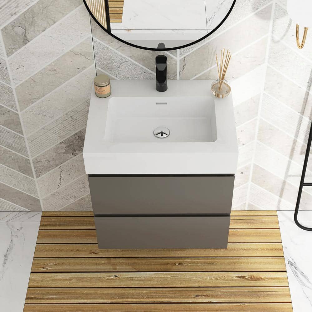 24" Grey Wall-Mounted Bathroom Vanity with White Cultured Marble Sink