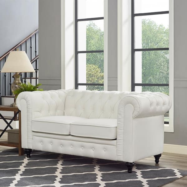 63.39 in. Rolled Arm Faux Leather Square Tufted 2-Seat Sofa Loveseat in. White